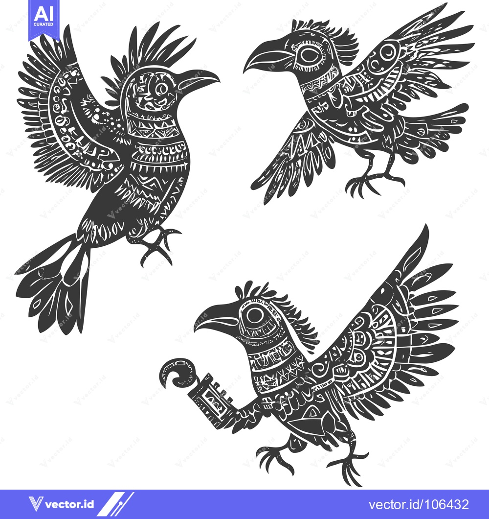 Premium Vector of Three Stylized Birds with Geometric Patterns and Wings