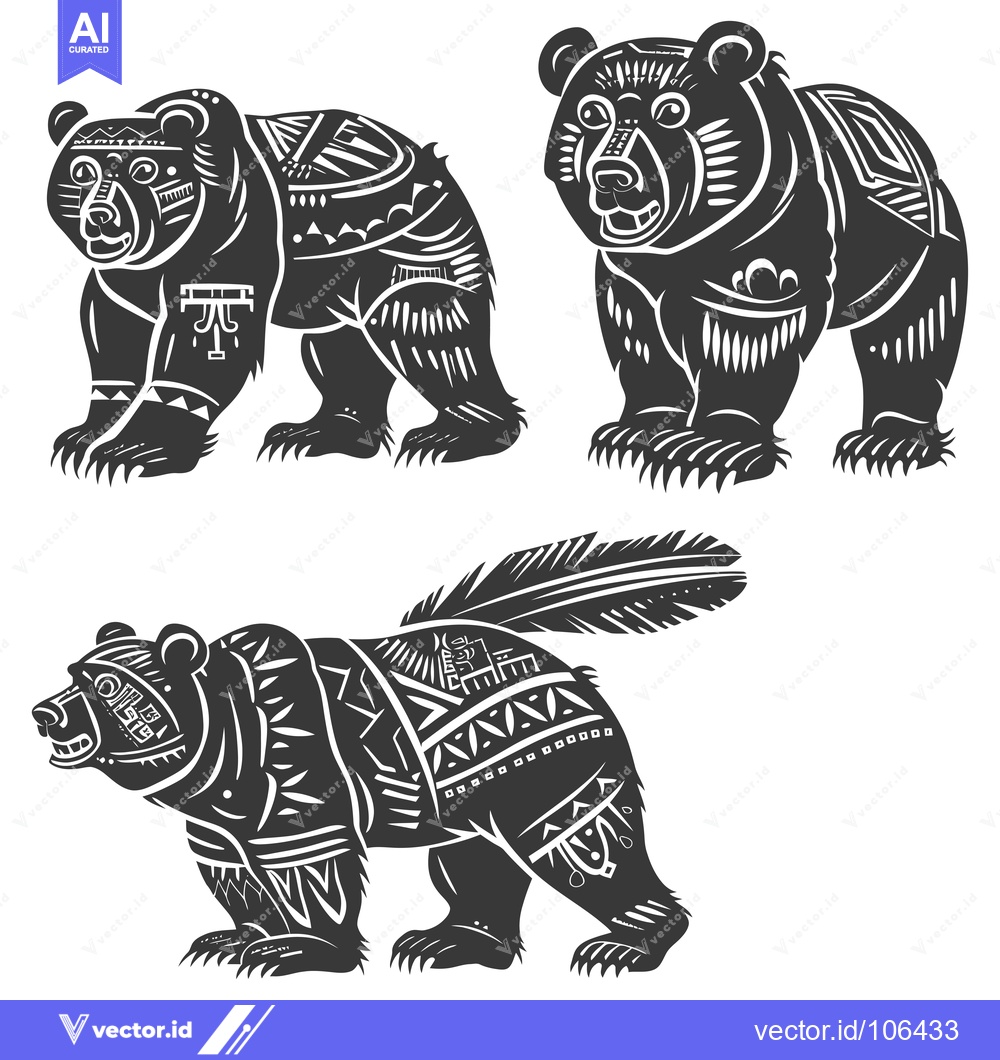 Premium Vector of Three Stylized Black Bears with Geometric Patterns and Feathers