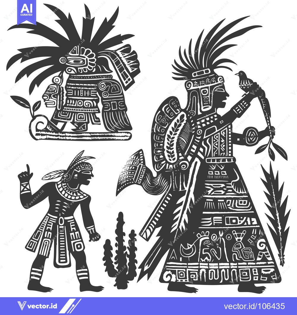 Premium Vector of Three Stylized Figures in Traditional Aztec Clothing and Headdresses