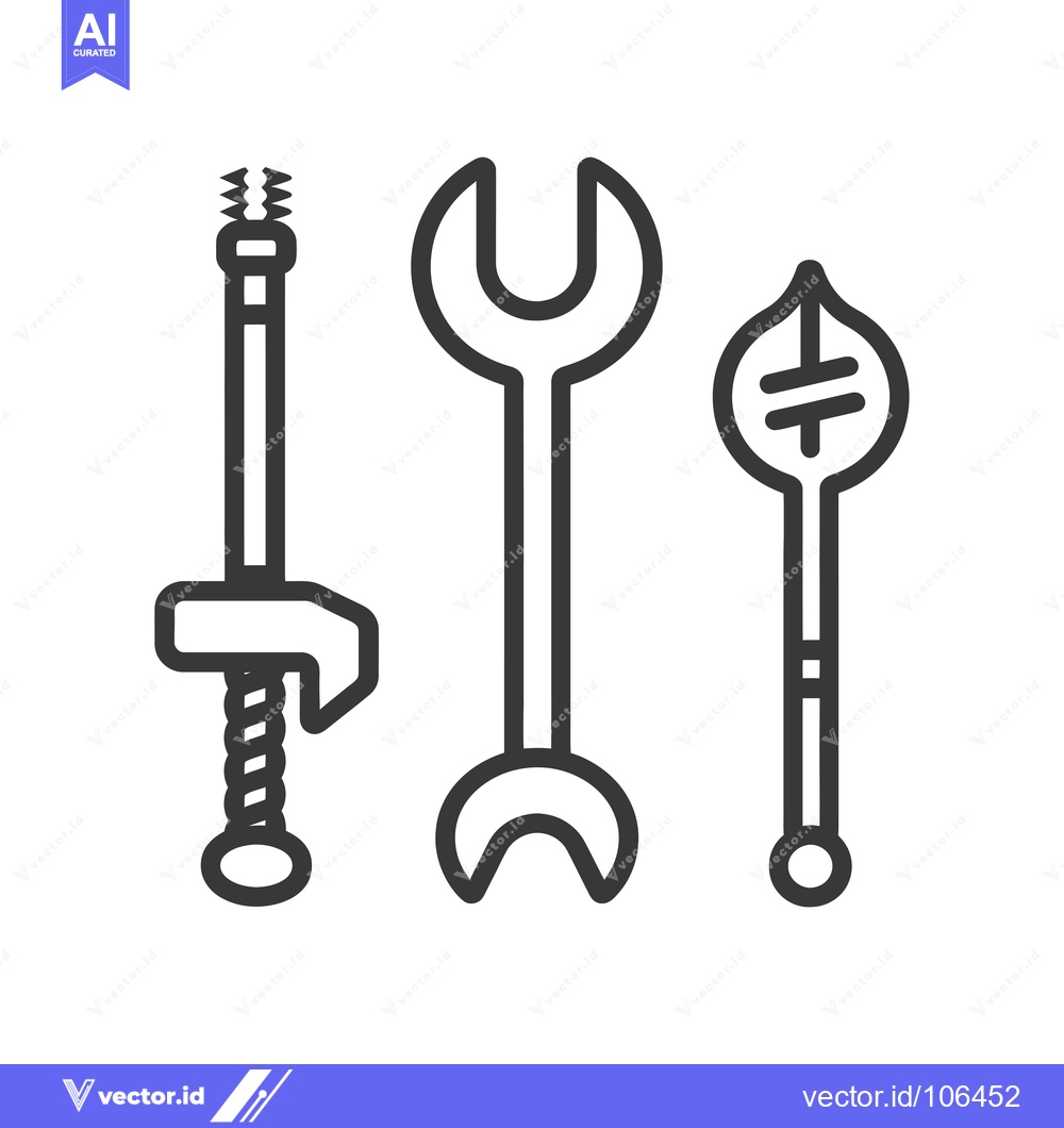 Premium Vector dari Three Tools in a Line: A Wrench, Drill Bit, and a Leaf-Shaped Object