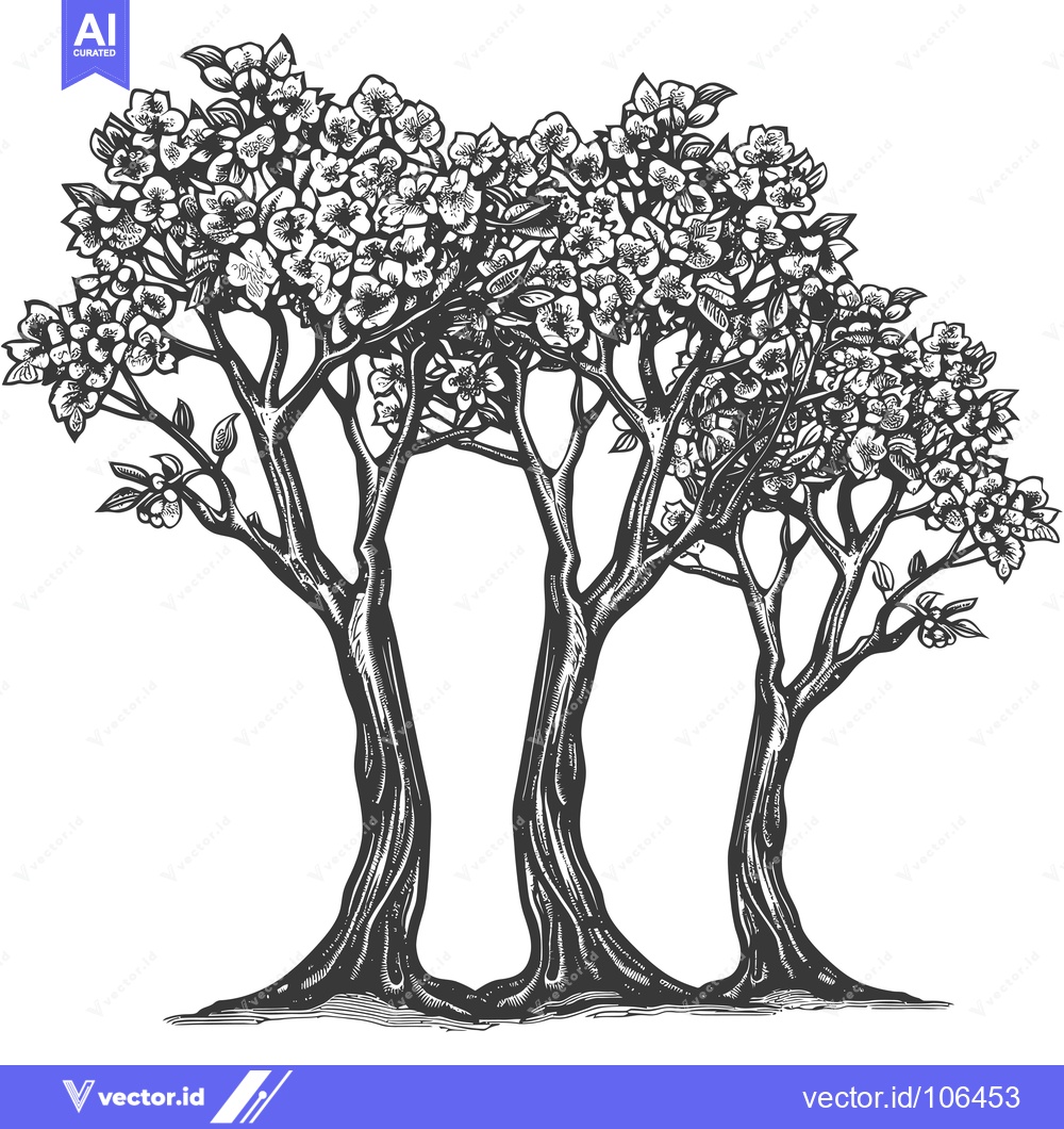 Premium Vector dari Three Trees Blooming with White Flowers