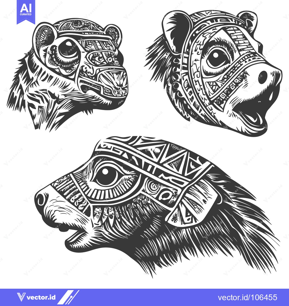 Premium Vector dari Three Tribal-Style Animal Heads with Intricate Designs