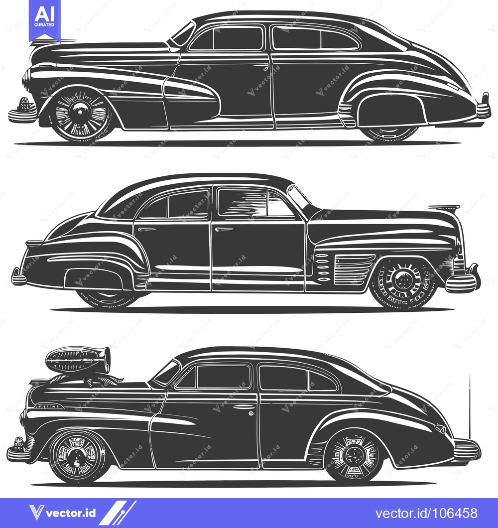 Premium Vector dari Three Vintage Cars Illustrated in Black and White