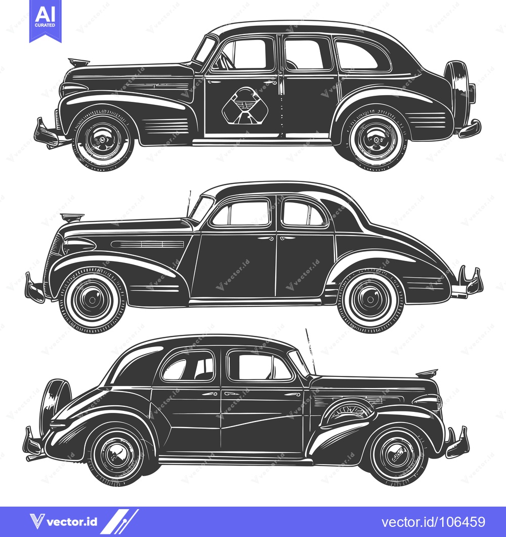 Premium Vector dari Three Vintage Classic Cars in Black and White Illustration