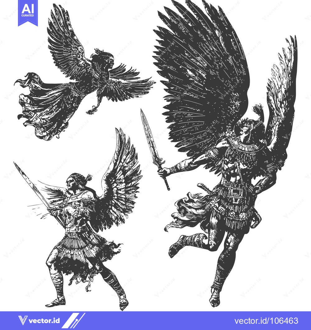 Premium Vector of Three Winged Warriors With Swords in Flight
