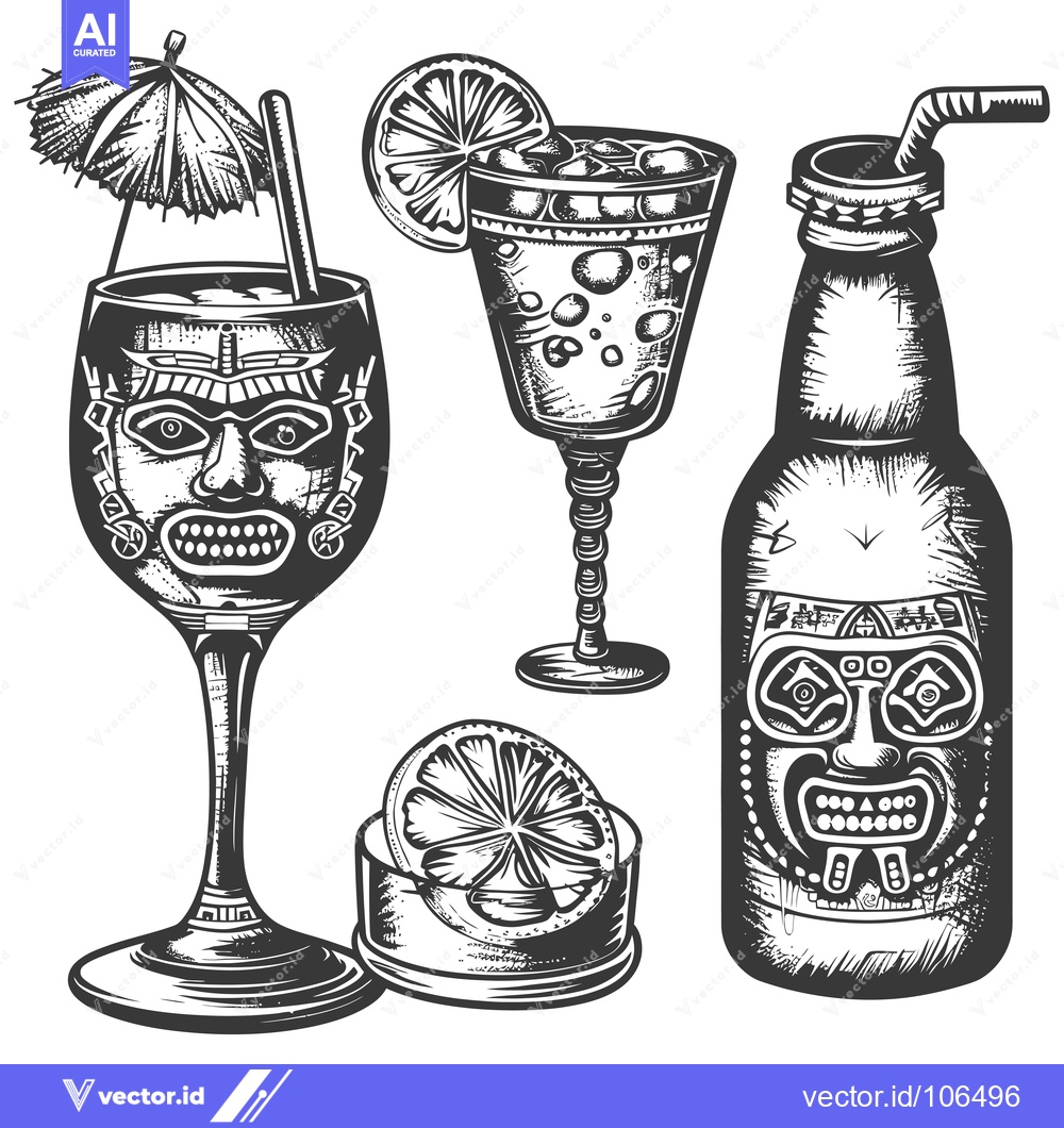 Premium Vector of Tiki-Themed Cocktails with a  Tiki Bottle and Glass