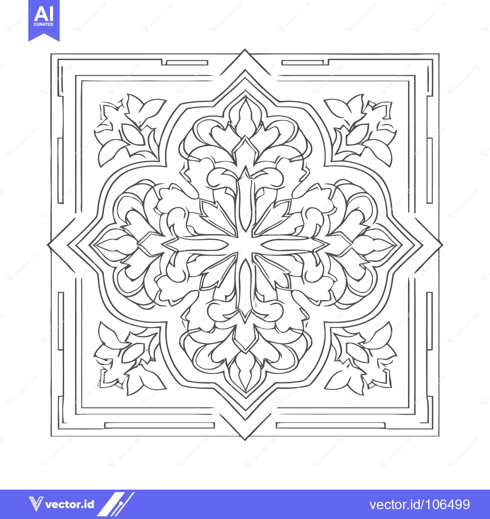 Premium Vector dari Intricate Floral Mandala with Geometric Border, Line Art Illustration