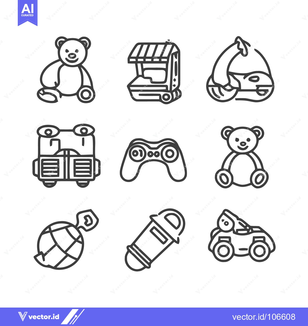Premium Vector of Playful Toy Icons: Line Art Grid of Childhood Objects and Games