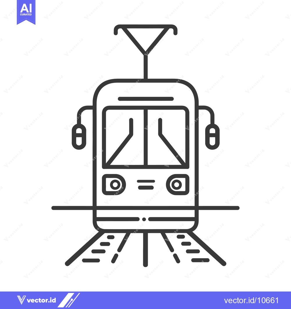 Premium Vector of A Black and White Outline Illustration of a Tram on Tracks