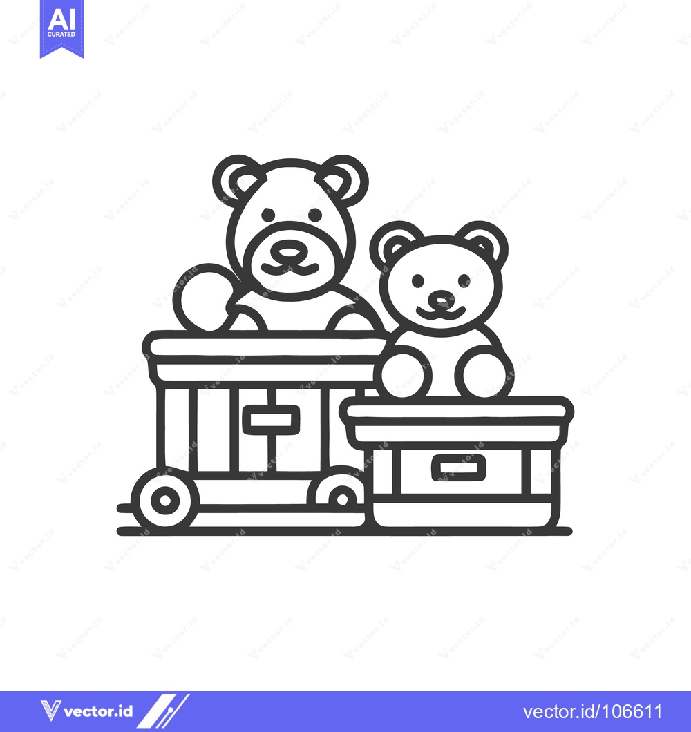 Premium Vector dari Minimalist Line Art: Two Teddy Bears in Toy Boxes on Wheels, Black Out