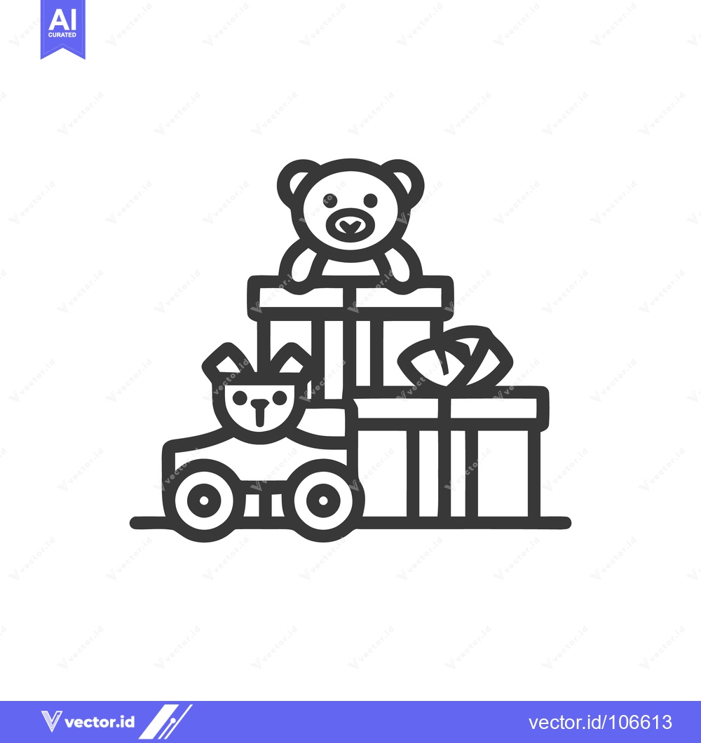 Premium Vector dari Minimalist Icon of Teddy Bear, Toy Car, and Gifts Stacked High