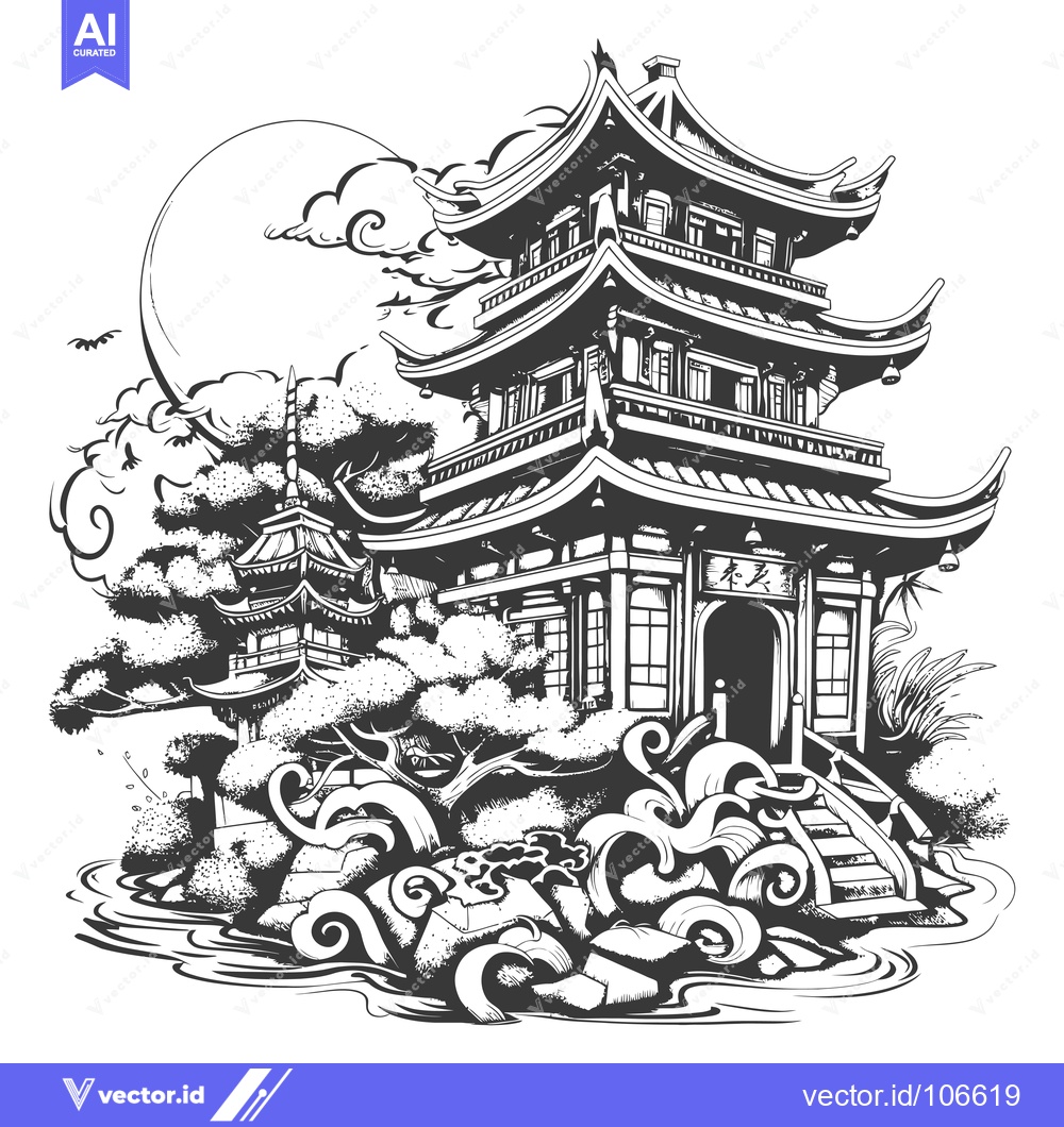 Premium Vector dari Traditional Chinese Pagoda with Surrounding Trees and Water