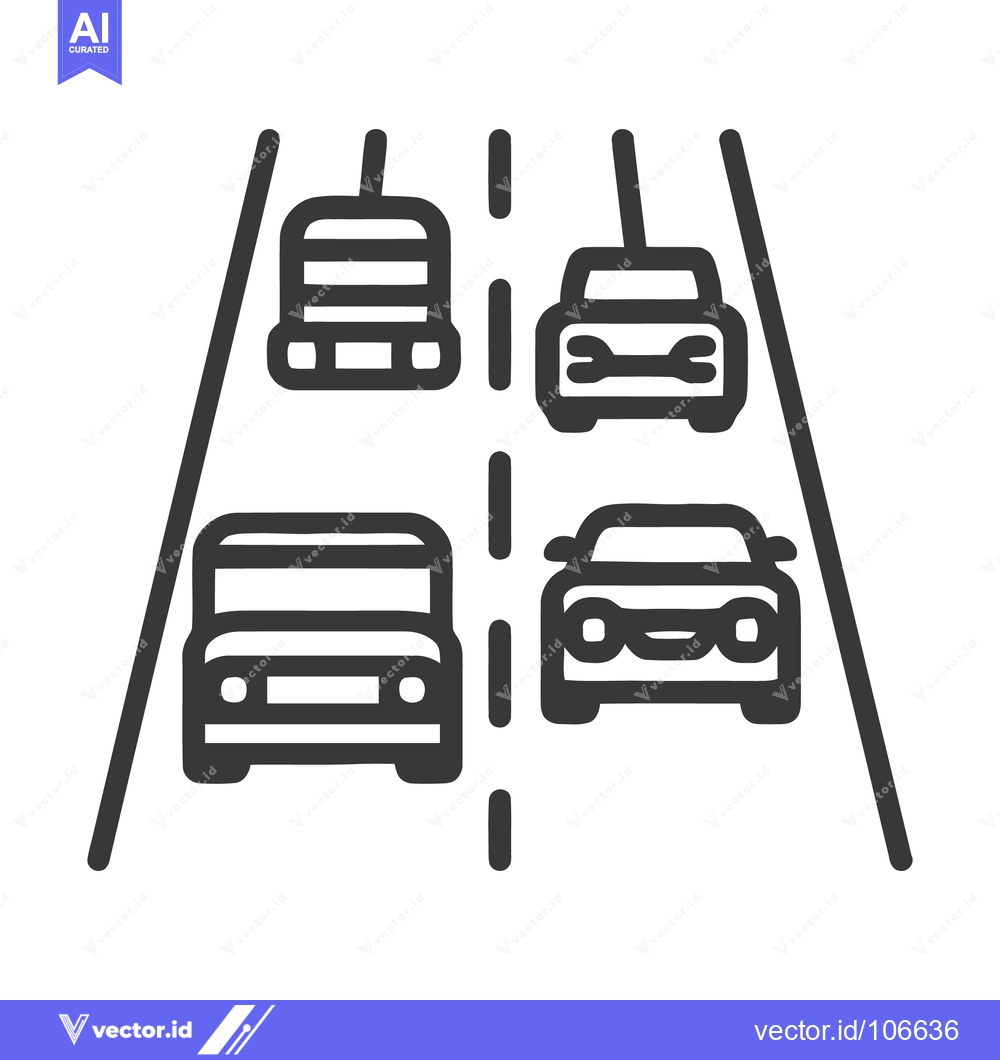 Premium Vector of Highway Traffic Icon: Four Cars on Road with Lane Markings, Minimalist