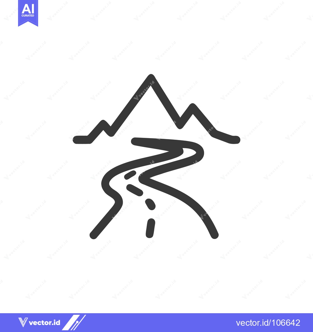 Premium Vector of Minimalist Mountain Landscape Icon with Winding River Illustration