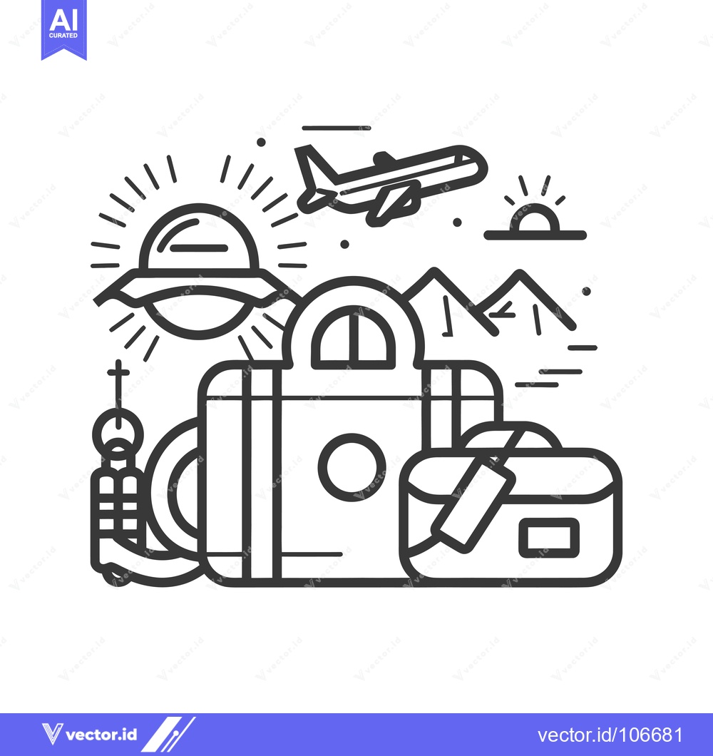 Premium Vector of Travel and Adventure Illustrated with Luggage, Airplane, and Mountains