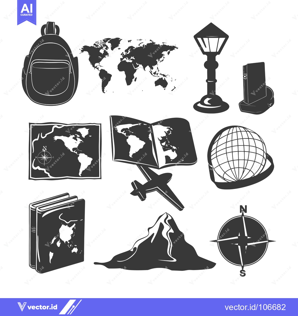 Premium Vector of Travel and Exploration Icon Set Featuring Maps, Globes, and Navigation