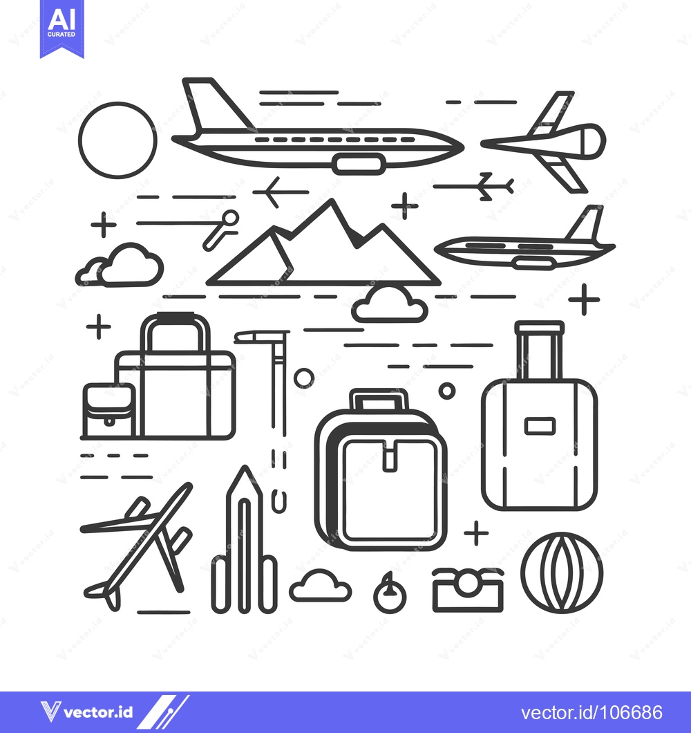 Premium Vector dari Travel Essentials:  Line Art Illustration of Airplanes, Luggage, and M