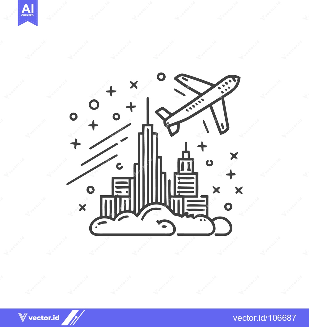 Premium Vector dari Airplane Flying Over Cityscape: Minimalist Black and White Line Art