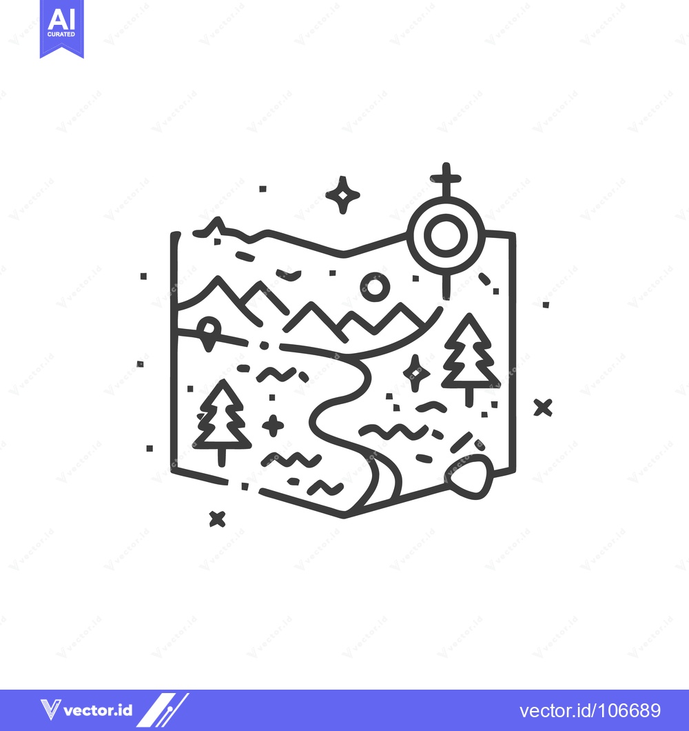 Premium Vector dari Minimalist Landscape Map Icon with Mountains, River, Trees, and Locati