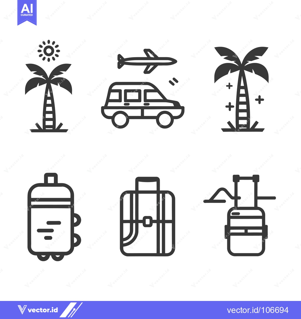 Premium Vector dari Travel Icons Set: Sun, Airplane, Palm Tree, Car, Backpack, Suitcase
