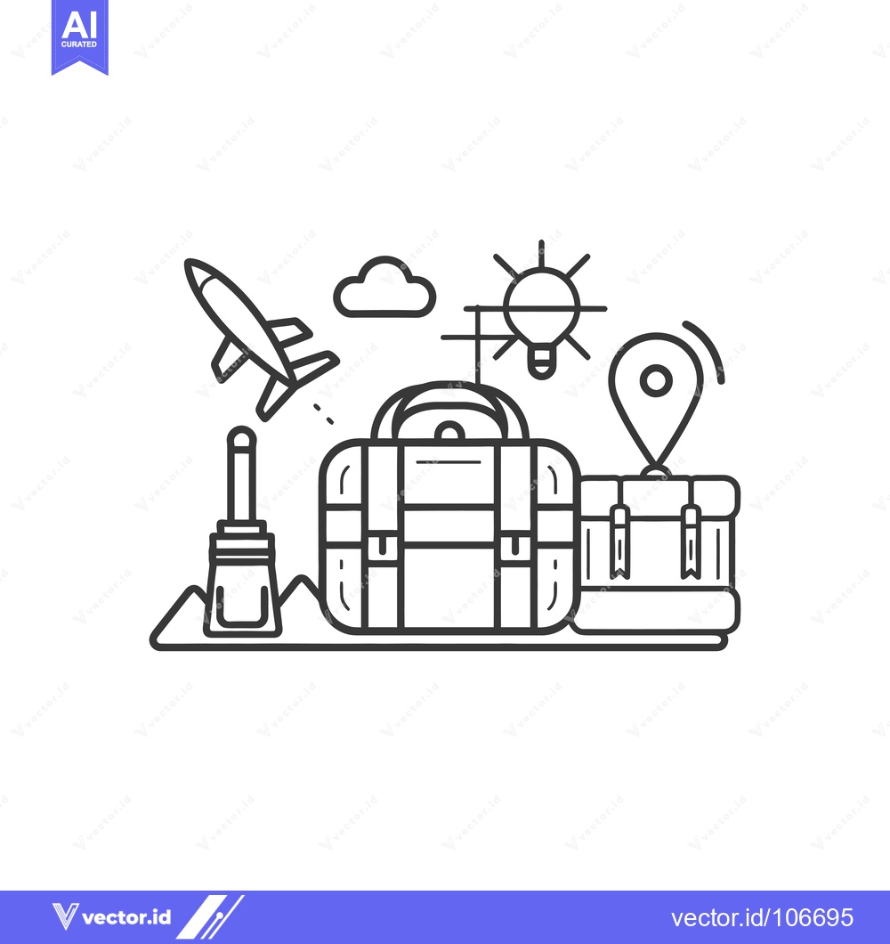 Premium Vector of Travel Illustration with Airplane, Luggage, Sun, and Location Pin