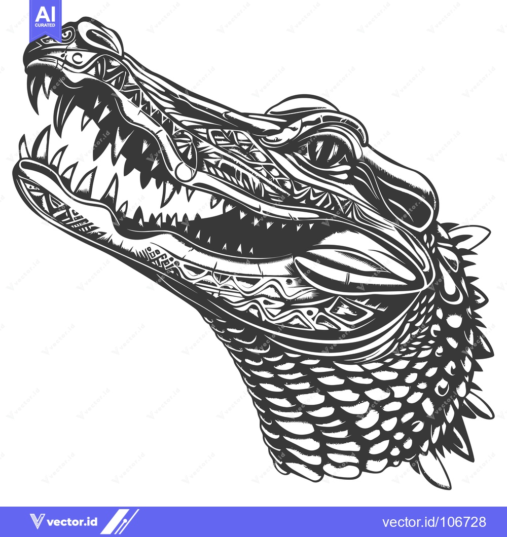 Premium Vector dari Detailed Black and White Illustration of a Crocodile Head with Open Mo