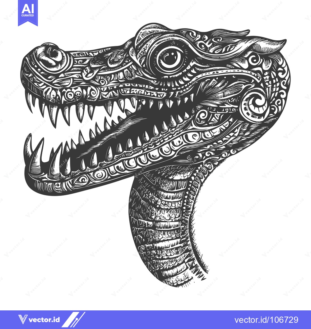 Premium Vector of Ornate Dragon Head with Ferocious Expression and Detailed Patterns