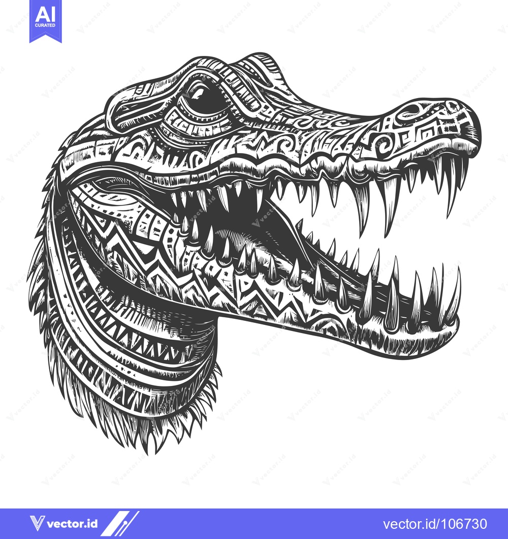 Premium Vector dari Detailed Black and White Illustration of a Crocodile's Head with Ornam