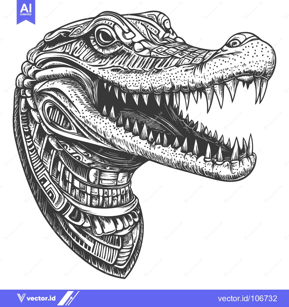 Premium Vector dari Detailed Black and White Illustration of a Crocodile Head with Open Mo