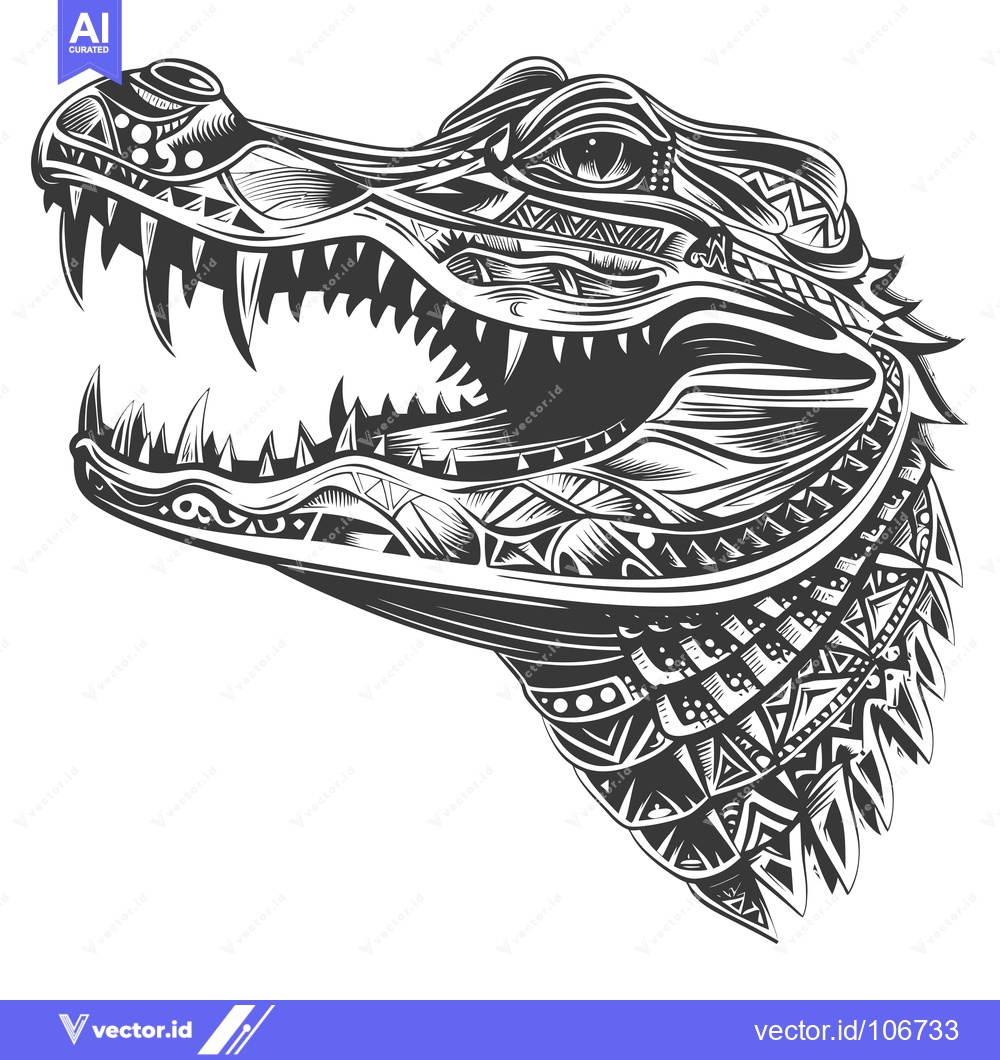 Premium Vector of Ornate Alligator Head with Open Mouth and Sharp Teeth