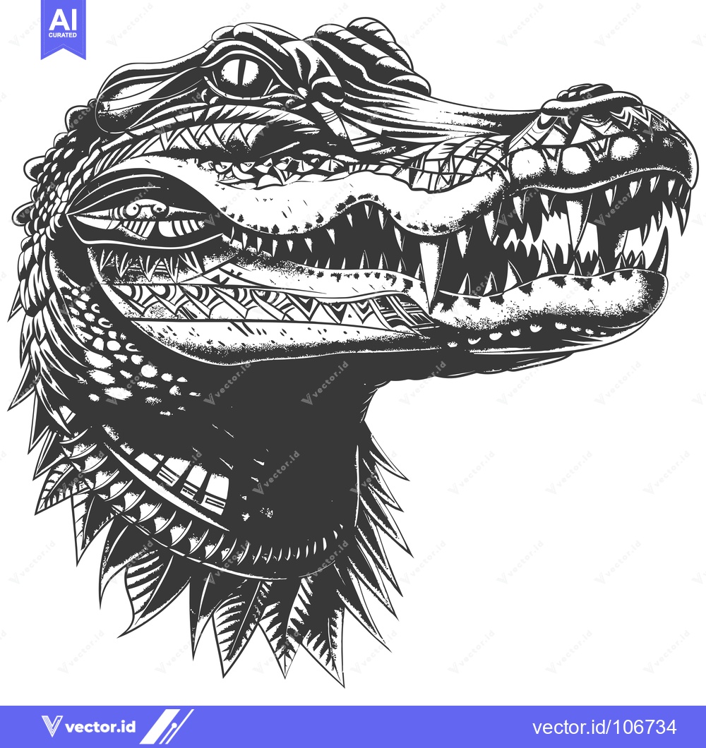 Premium Vector dari Detailed black and white illustration of a crocodile's head with geome