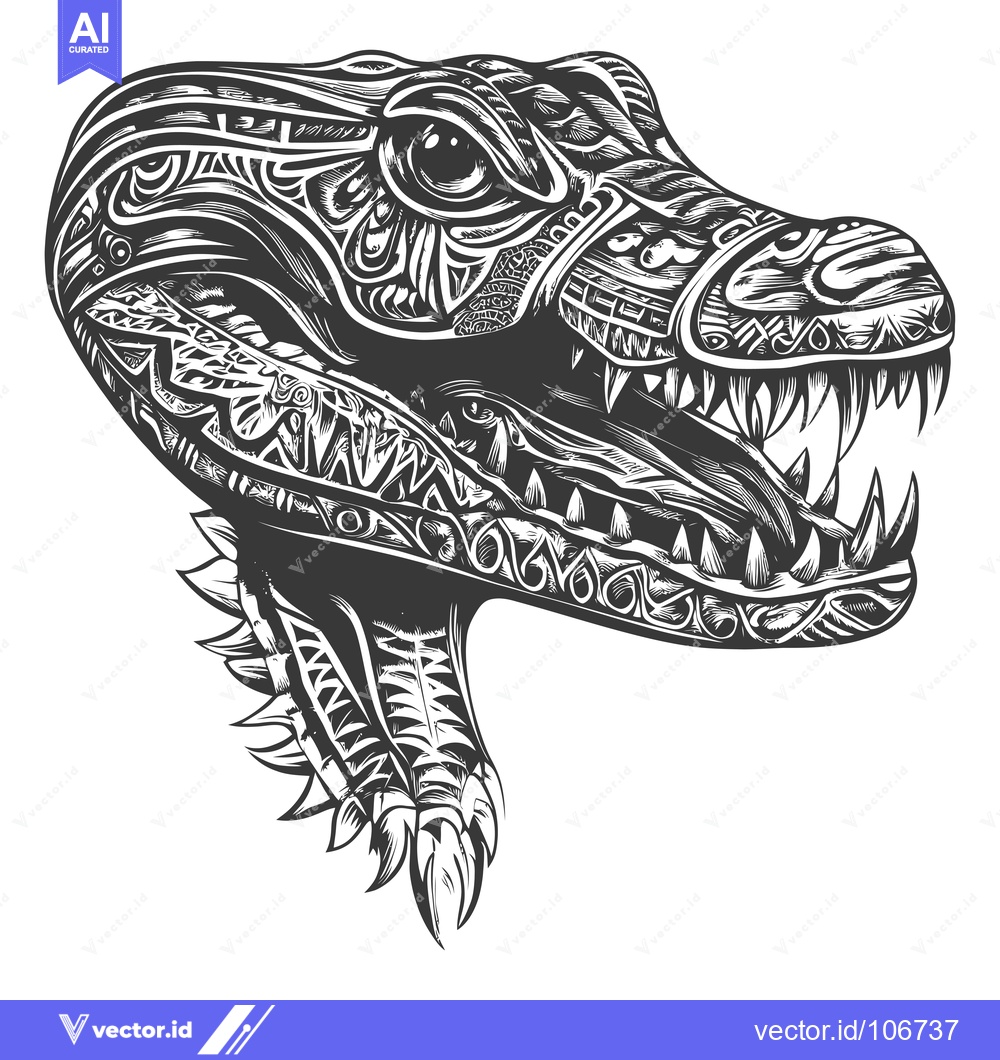 Premium Vector dari Ornate Black and White Dinosaur Head with Open Mouth and Sharp Teeth