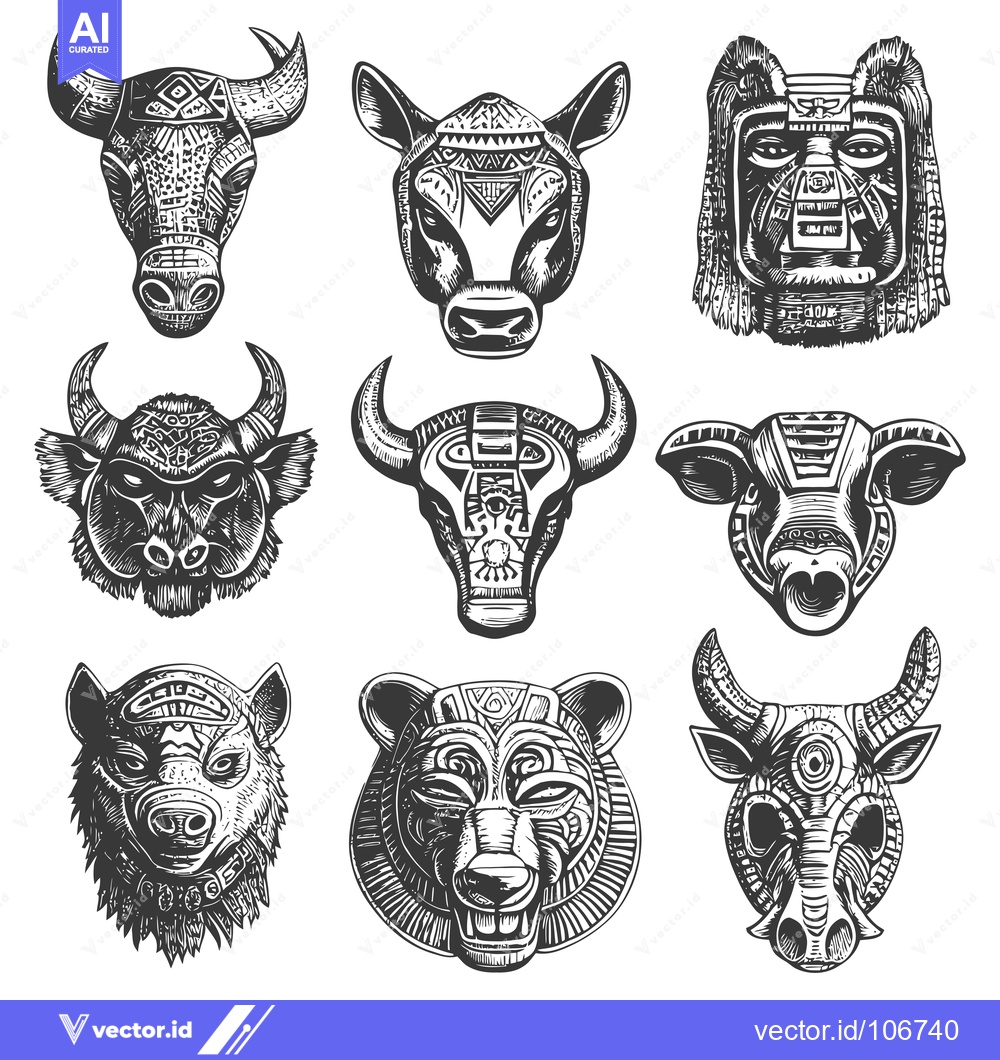 Premium Vector of Tribal Animal Heads with Geometric Patterns
