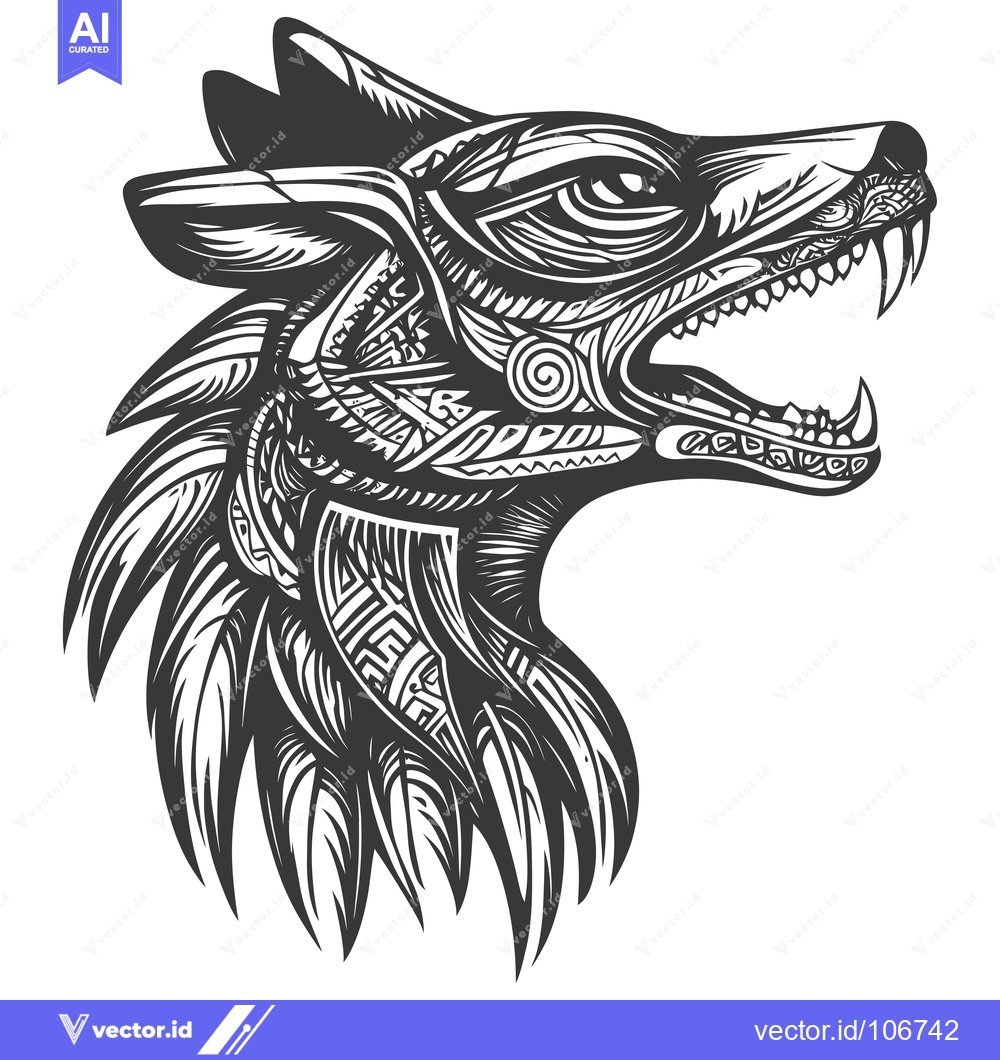Premium Vector dari A Detailed Black and White Illustration of a Wolf's Head with Ornate P