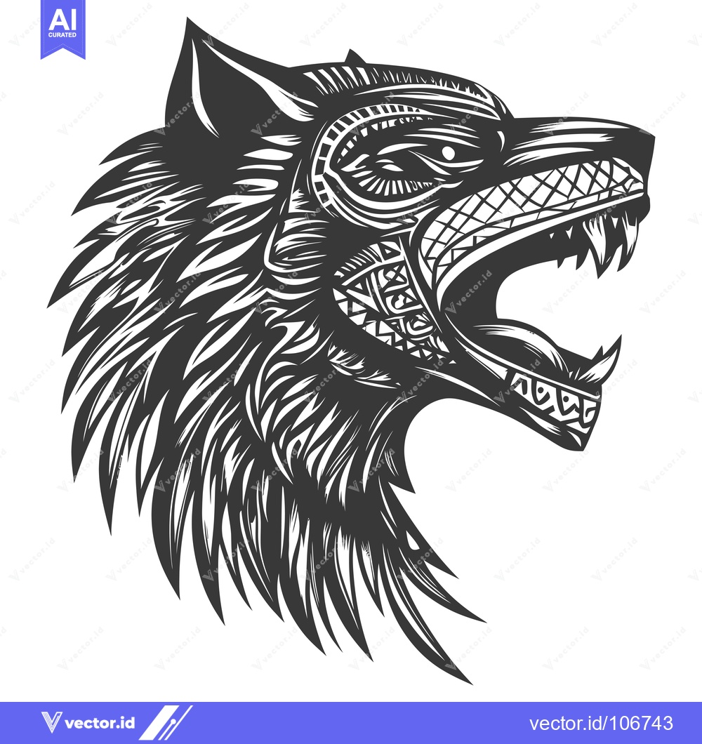 Premium Vector dari Stylized Black and White Wolf Head with Geometric Pattern