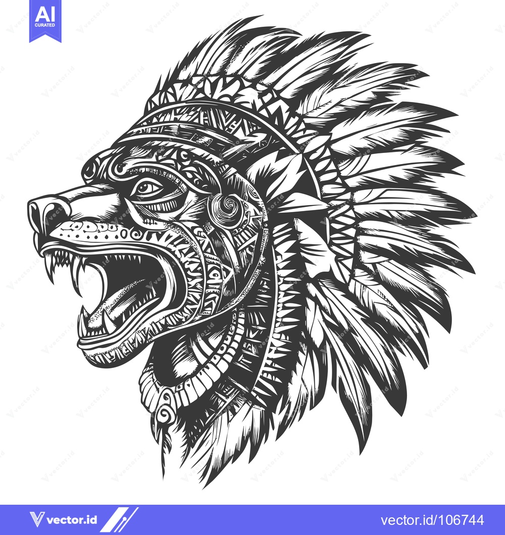 Premium Vector of Native American Wolf Head in Headdress with Open Mouth