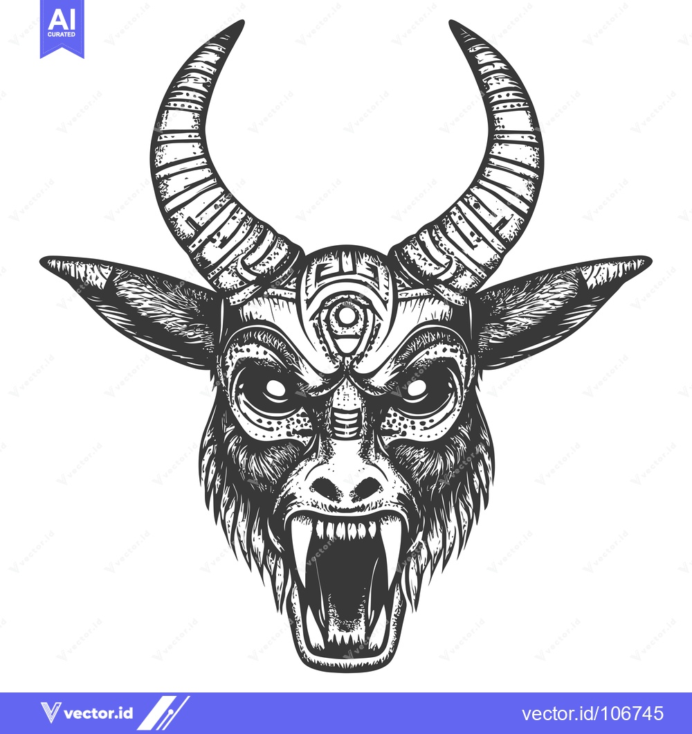Premium Vector dari Black and White Illustration of a Demonic Beast Head with Horns