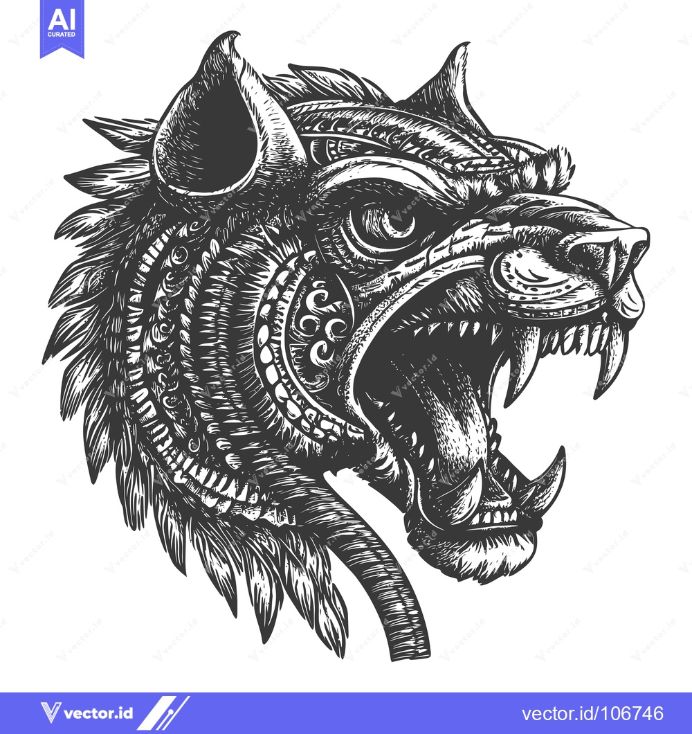 Premium Vector dari Detailed Black and White Illustration of a Growling Wolf Head with Fea