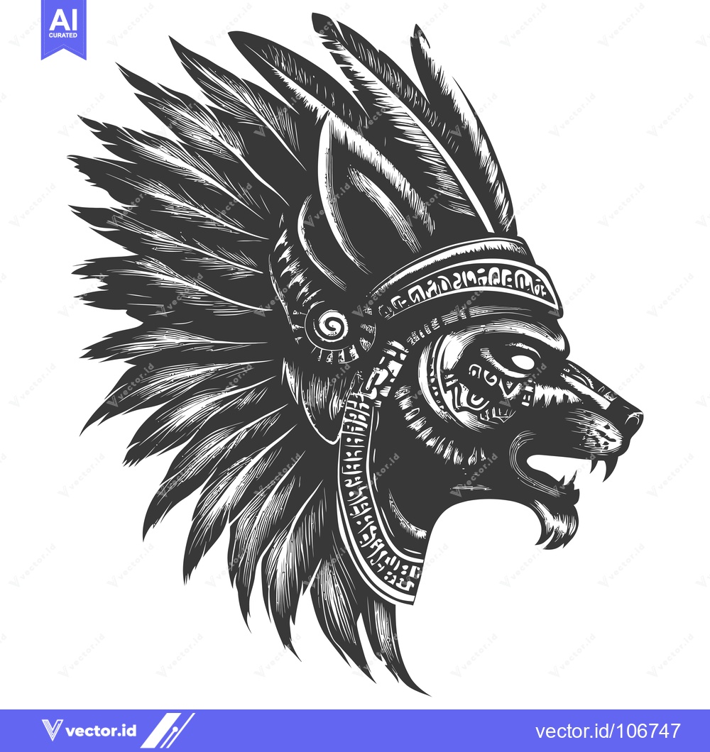 Premium Vector of Aztec Wolf Head with Feather Headdress and Detailed Ornamentation