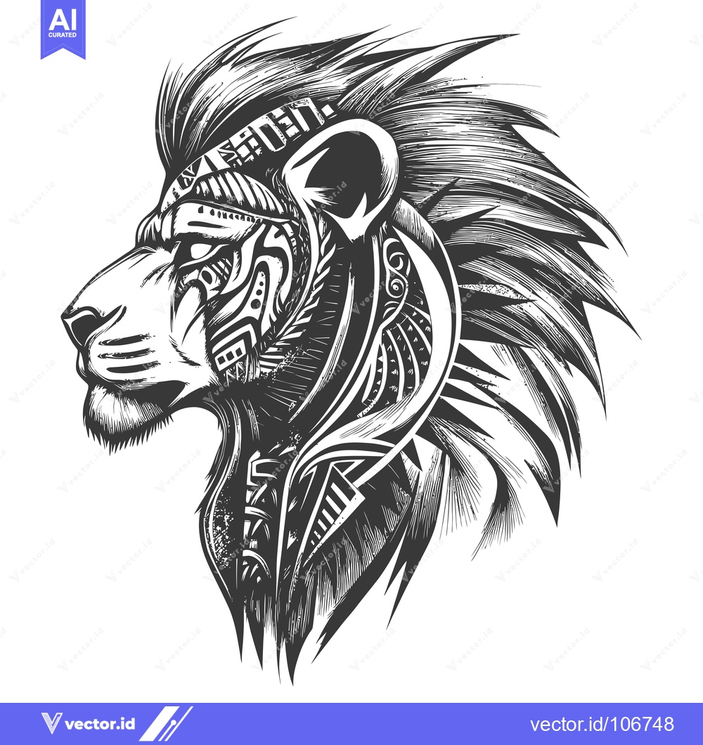 Premium Vector of Black and White Tribal Lion Head Illustration