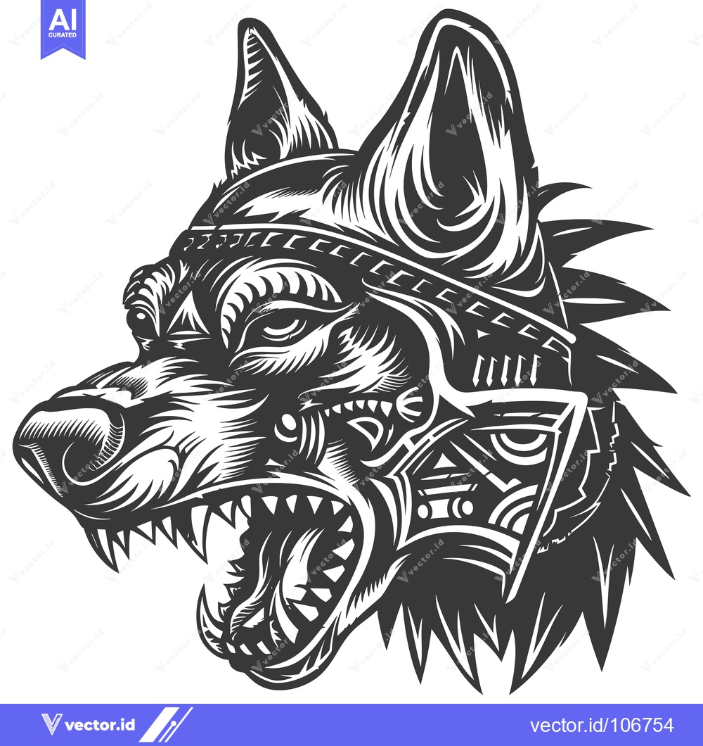 Premium Vector dari Black and White Illustration of a Wolf's Head with Tribal Design Eleme