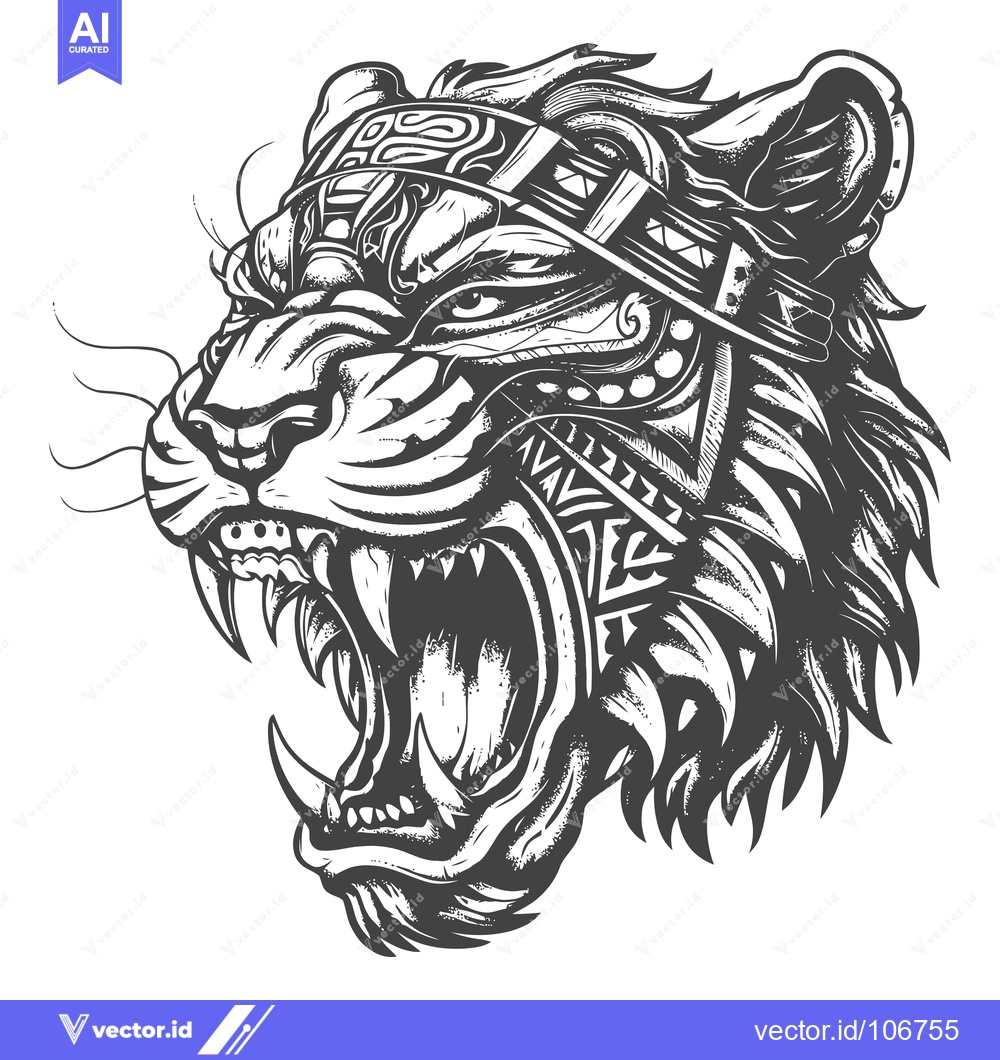 Premium Vector of A Detailed Black and White Illustration of a Roaring Tiger's Head
