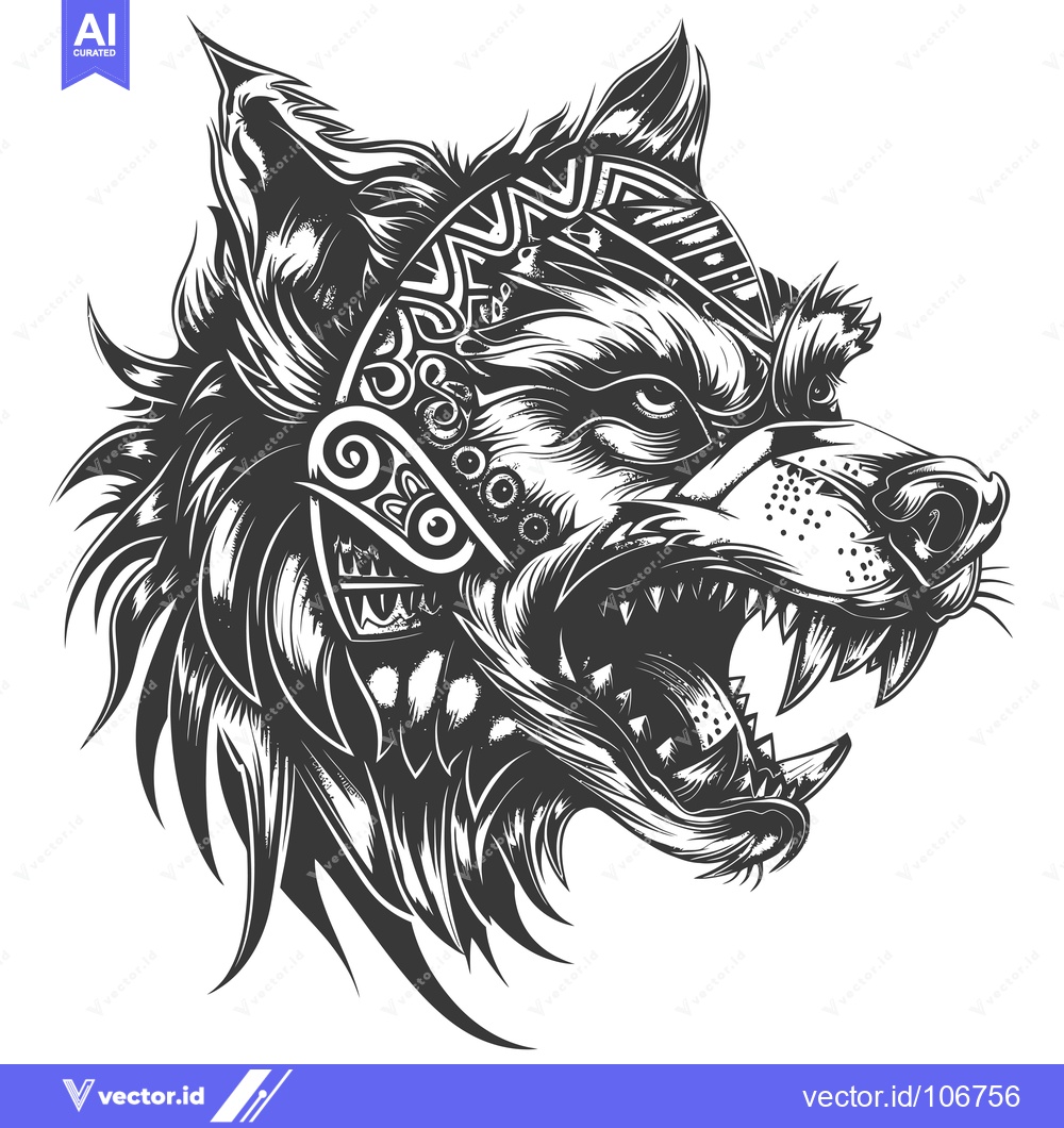 Premium Vector dari Aggressive Wolf Head with Tribal Geometric Pattern