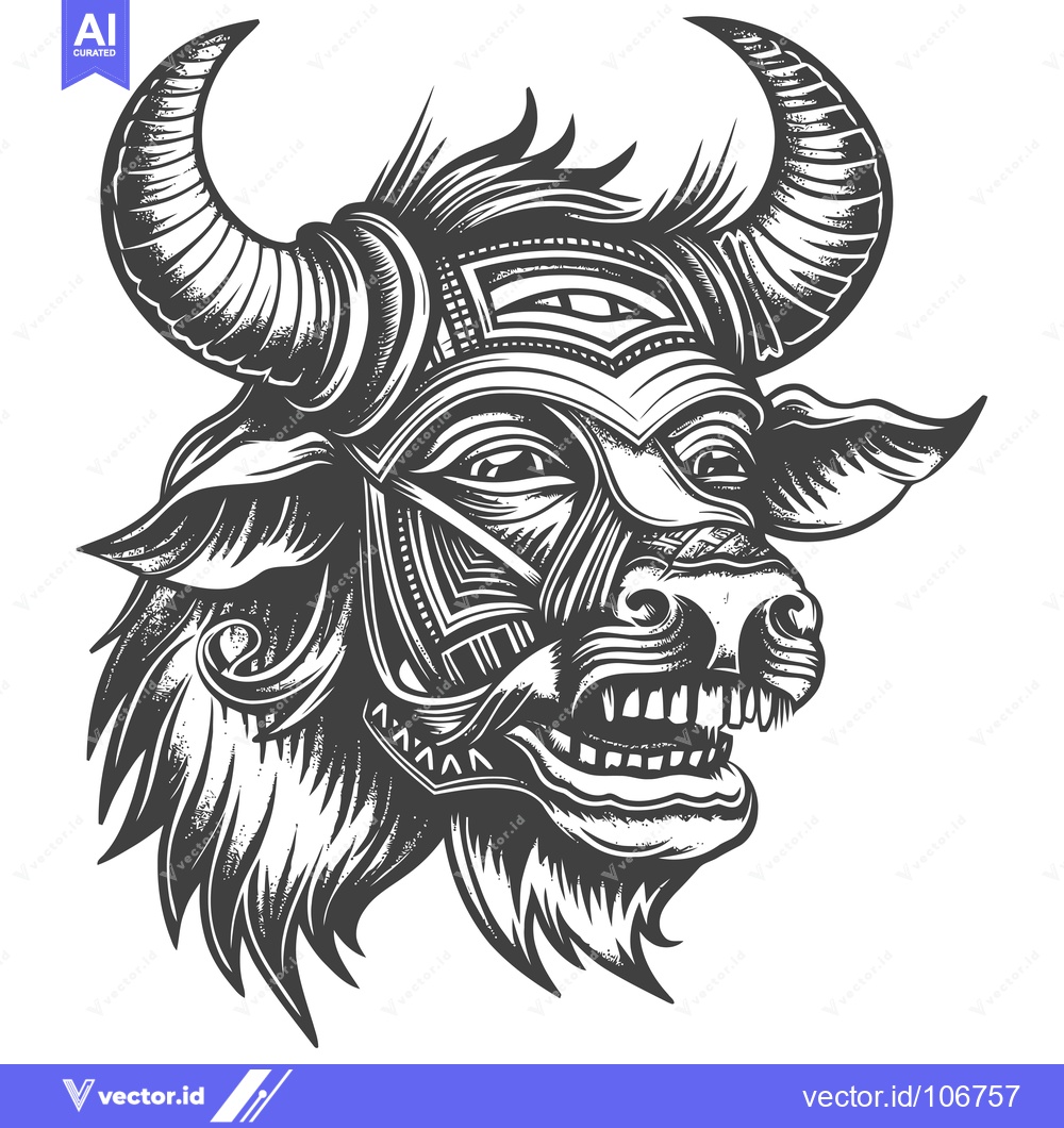 Premium Vector of Detailed Black and White Illustration of a Bull's Head with Ornate Hor