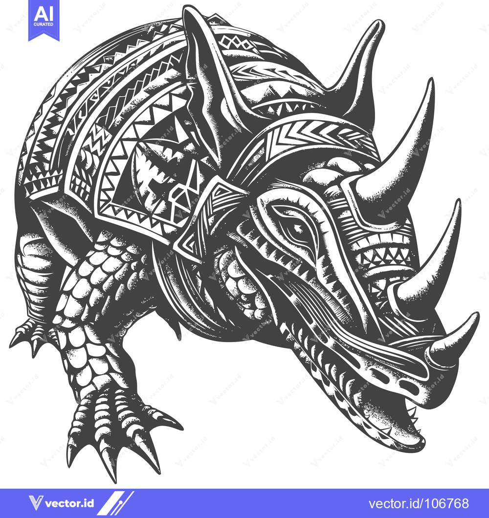 Premium Vector of Tribal Patterned Rhinoceros with Open Mouth and Sharp Horns