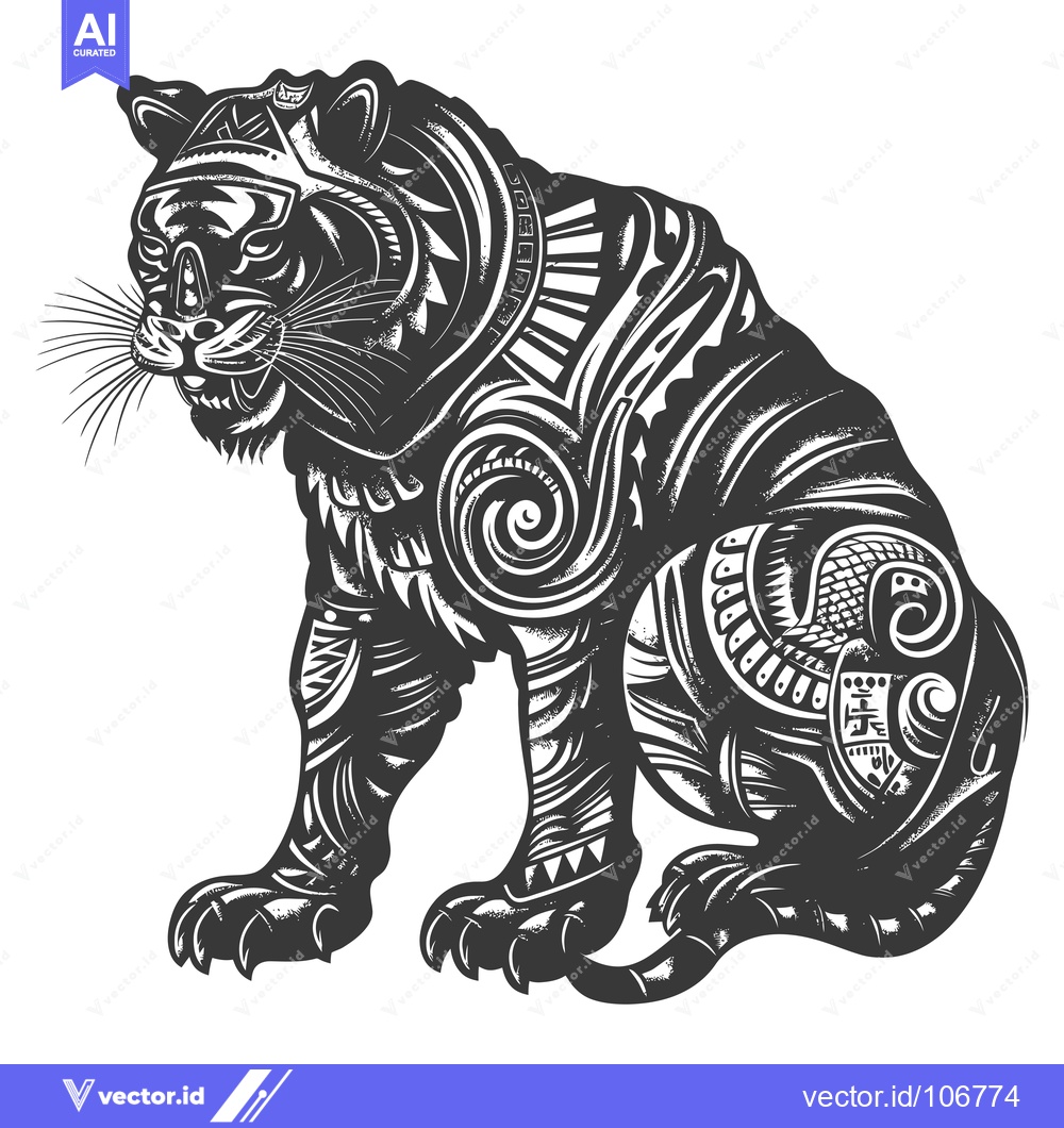 Premium Vector of Tribal Art Design of a Sitting Tiger with Detailed Patterns