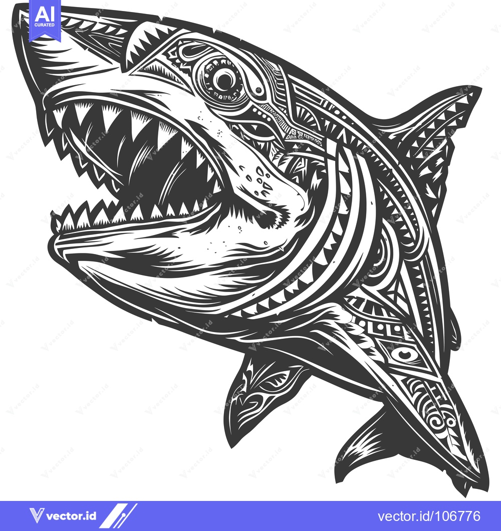 Premium Vector of Tribal Art Style Shark With Open Mouth and Sharp Teeth