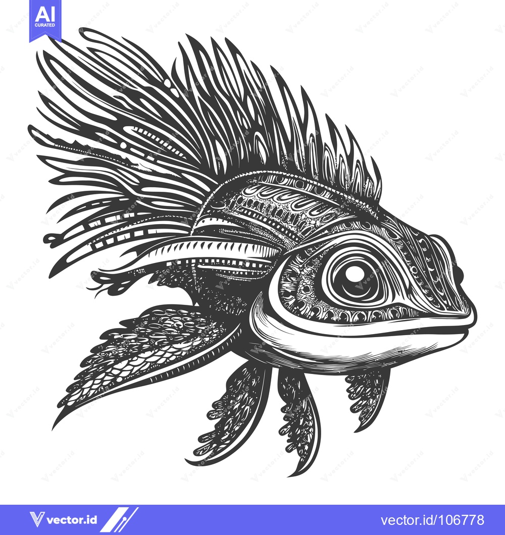 Premium Vector of Ornate Black and White Illustration of a Fish with Spiky Fins