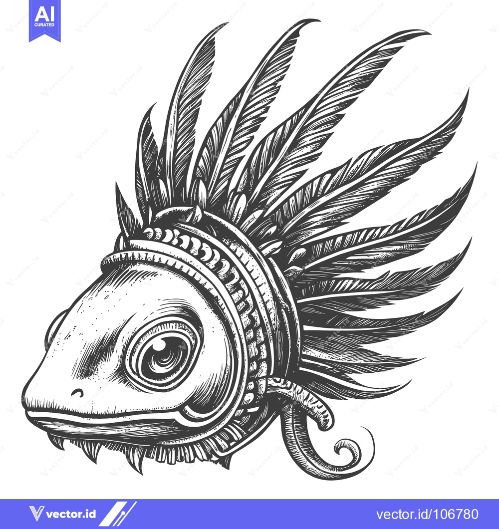 Premium Vector of A Detailed Line Drawing of a Lizard Wearing a Feather Headdress