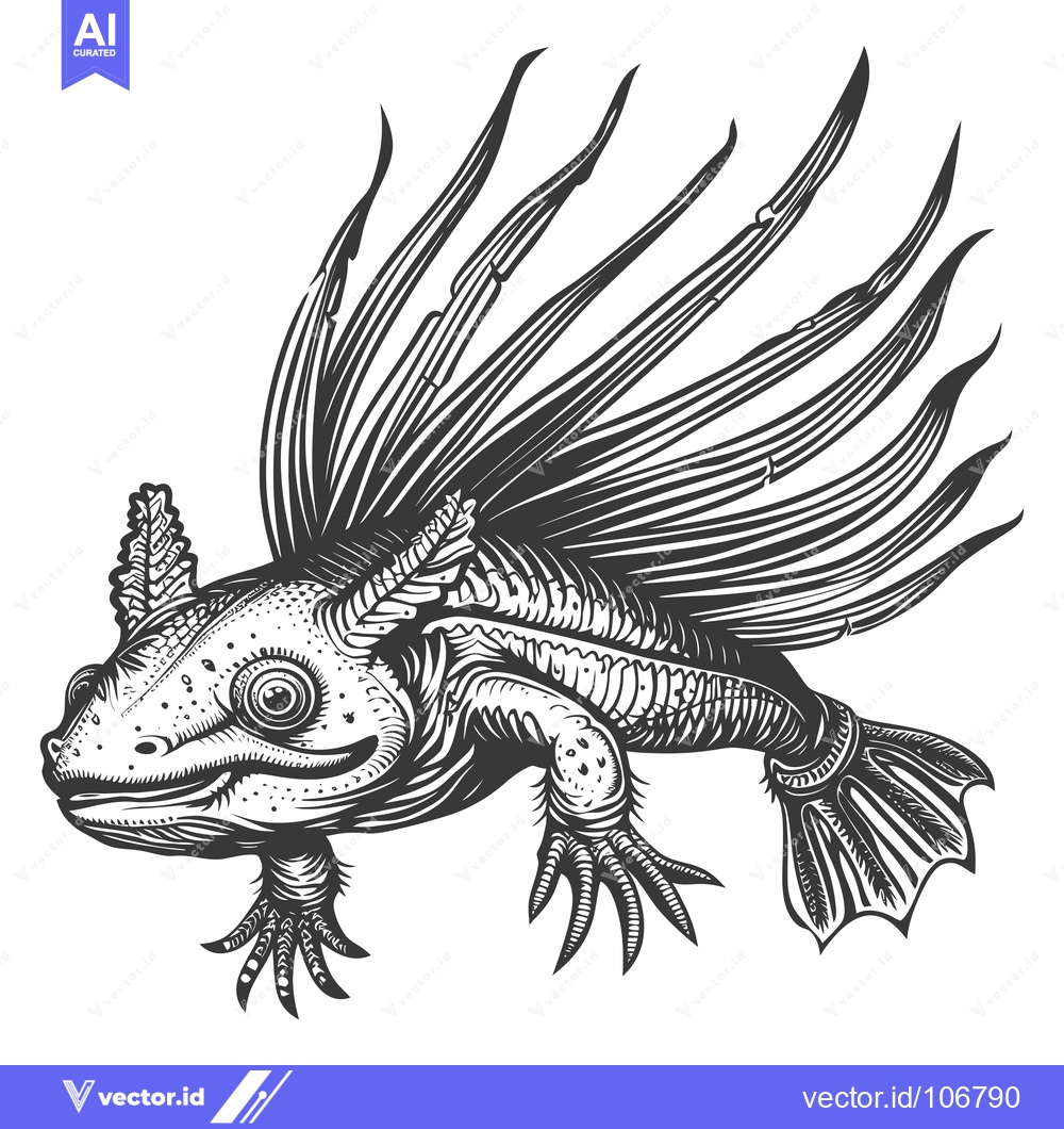 Premium Vector of Black and White Illustration of a Mythical Creature with Fins and Claw